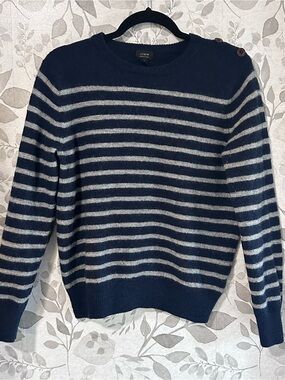 J. Crew Navy and Gray Striped Button-Shoulder Crewneck Sweater